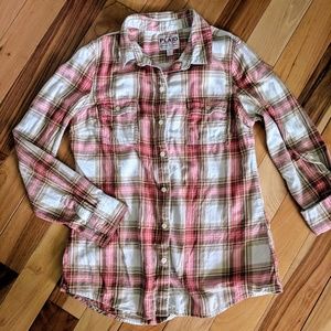 Plaid button down pink & tan